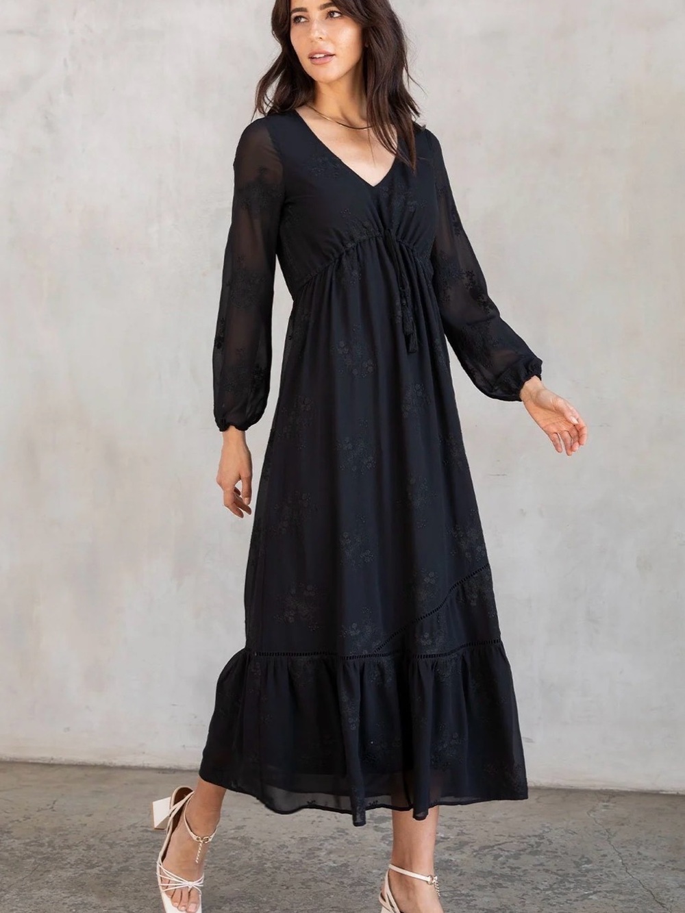 Love Stitch Black maxi dress sheer sleeves sz L